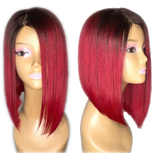 1b Red Short Bob Lace Front Human Hair Wig 13x6 Deep Part