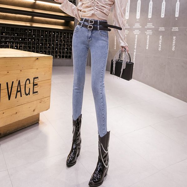 

2020 autumn new design sense niche double belt high waist slim jeans women slim feet pencil pants tide, Blue