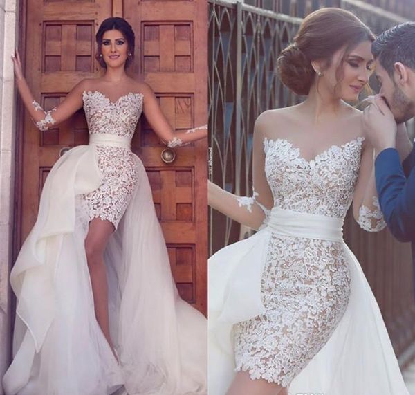 Abiti da sposa sexy a maniche lunghe in pizzo con gonna staccabile in tulle Abiti da sposa alti bassi due pezzi Abito da sposa corto da spiaggia con illusione