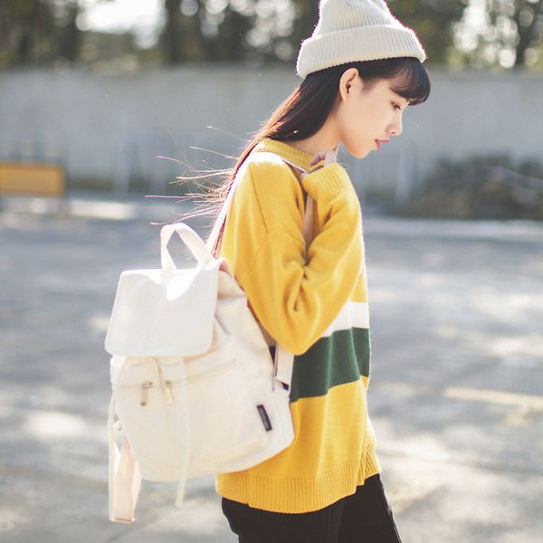 

2020 new white yellow backpack women stylish canvas backpack school bag for teenage girl solid travel bag drawstring rucksack