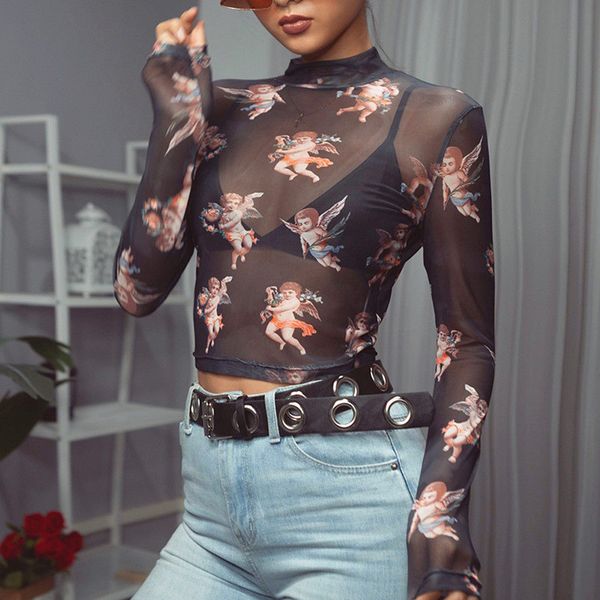 

spring female harajuku turtleneck slim mesh net cupid print see through long sleeve casual t shirt women base 2019 new, White