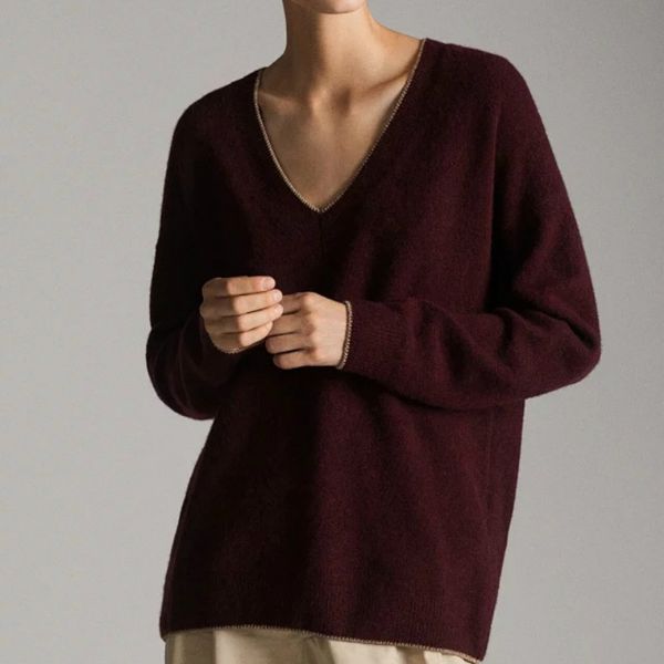 

women sweater fall/winter 2019 wine red v-neck sweater, White;black