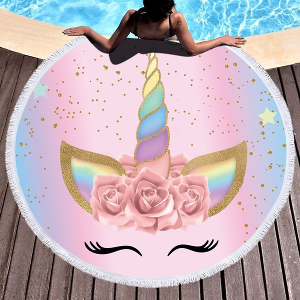 

unicorn beach towel 150*150cm round beach towels with tassel superfine fiber swimming bath towel cartoon shawl yoga picnic mat blanket