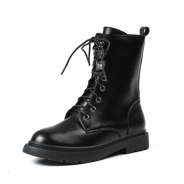 

boots women's new style round flat lace-up warm fashion short boots, Black