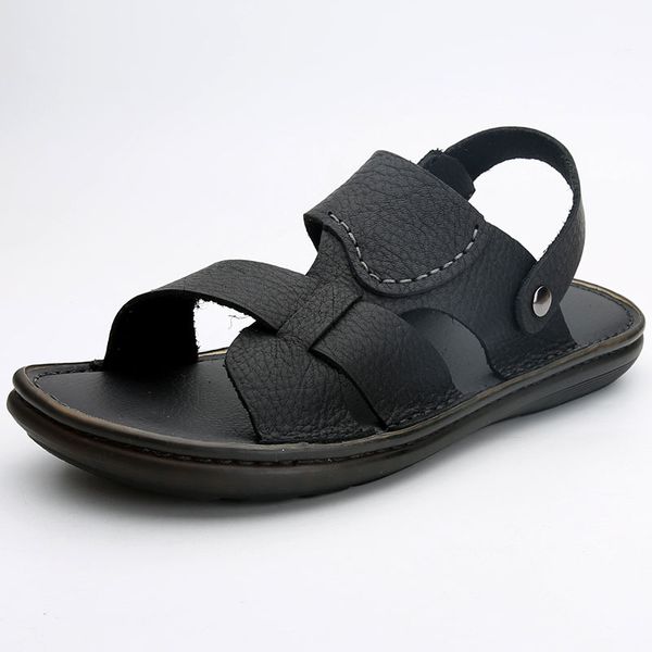 

fender summer men genuine leather slippers men slippers flip flops casual shoes beach outdoor anti-skid all-match cowhide, Black