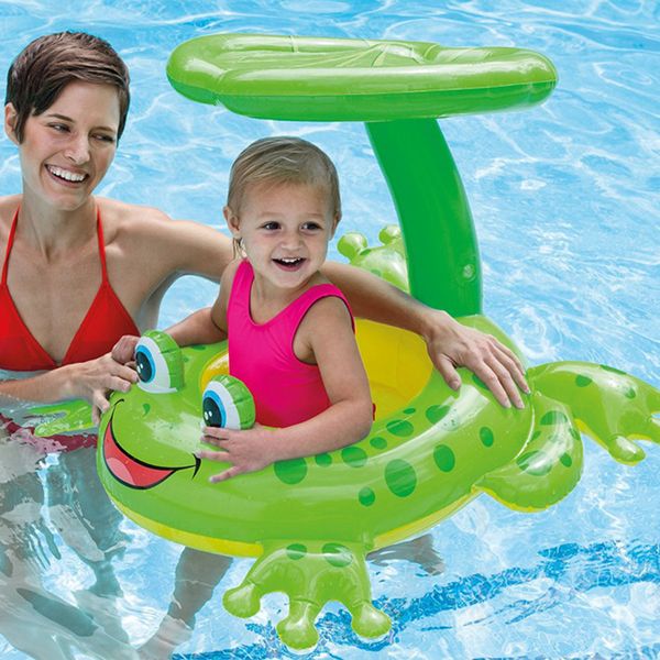 

baby cartoon animal frog shape swimming seat float ring with umbrellas baby inflatable swimming training accessories