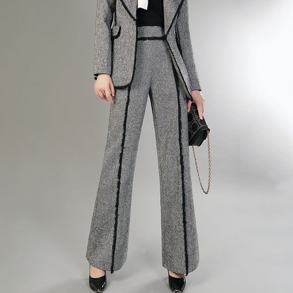 

lanmrem 2018 new fashion high waist seide zipper loose trousers for women gray patchwork tassel woolen wide leg pants yf60702, Black;white