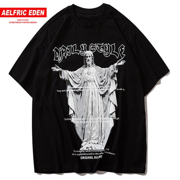 

aelfric eden european and american hip-hop t-shirt medieval sculpture printed summer street cotton short-sleeved tee, White;black