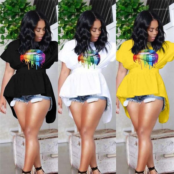 

womens designer t shirts colorful lip print tees fashion crew neck clothing womens casual hollow out, White