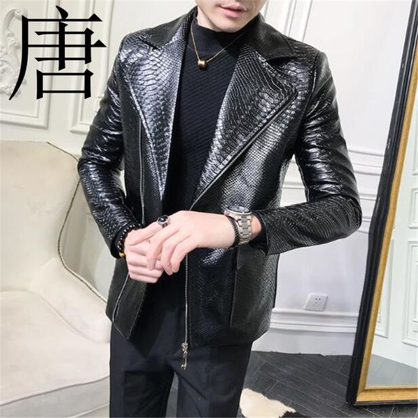 Tang Cool 2019 Neue Marke Klassische Krokodil-Print Lederjacke Männer Schwarz Mode Designer Punklokomotive PU-Lederjacke