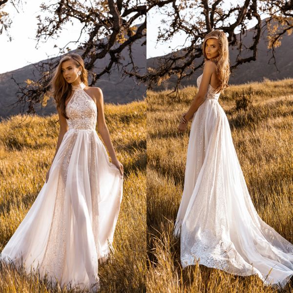 

crystal design 2020 wedding dresses high neck lace applique sequined bohemian robes de mariÃ©e chiffon beach wedding gowns, White
