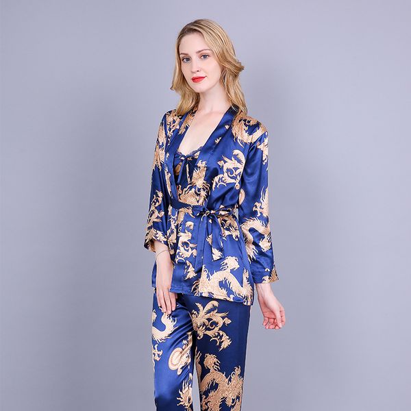 

3 piece печать дракон пижама set silk night wear pijama костюм халат женщина белье пижама невеста robe сатин кимоно robe femme, Blue;gray