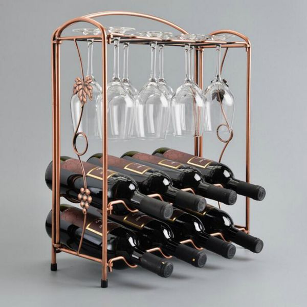 

metal wine rack novel collapsible european style rack holds 8 bottles and 8 cups for home, bar, cafe - bronze