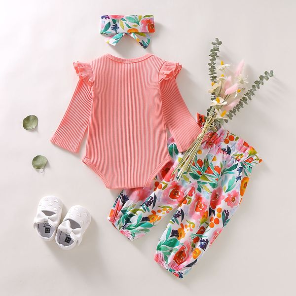 

pudcoco autumn newborn baby girl clothes solid color knitting cotton romper flower print long pants headband 3pcs outfits, White