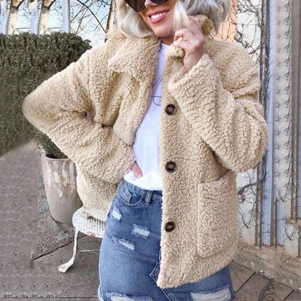 

women's fur & faux plush fleece coat plus size women winter fluffy 2021 solid long sleeve lapel fake artificial wollen female overcoat, Black