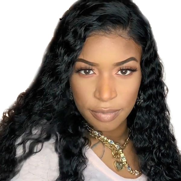 

глубокий завитые парик фронта шнурка pre щипковых hairline с волосами младенца отбеленные узлы remy волос бразильское фронта шнурка человече, Black