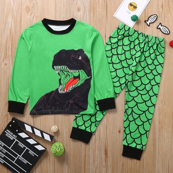 

children kids boys cartoon dinosaur print blouse+pants pajamas set suit children's sets autumn winter, White
