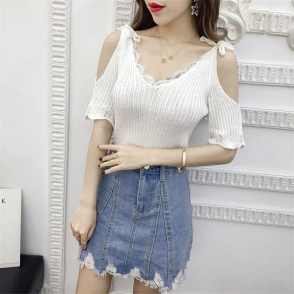 

2019 shoulder-exposed knitted sweater female shoulder dew fan v-neck short-sleeved sw sweet fan v-neck short-sleeved base knitted sweater fe, White