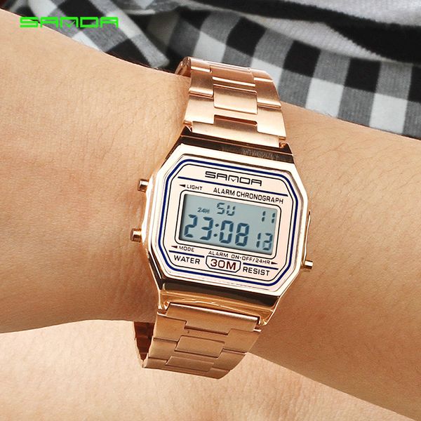 

2019 sanda rose gold sport watches women luxury golden led electronic digital watch waterproof ladies clock female reloj mujer, Slivery;brown