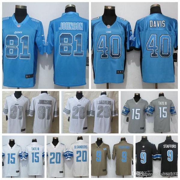 

detroit new lion jerseys #9 matthew stafford 15 golden tate 20 barry sanders 40 davis noble fashion elite men football jerseys jersey, Black;blue
