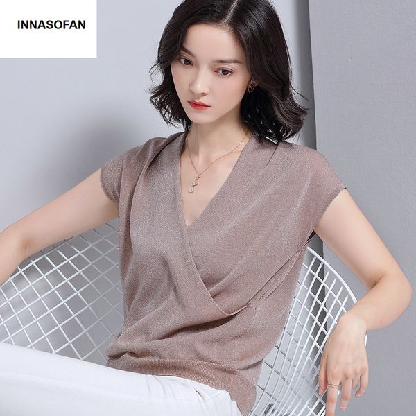 

innasofan slim shiny sweater female spring-summer knitted sweater eurasian fashion chic with v-collar and short sleeves, White;black