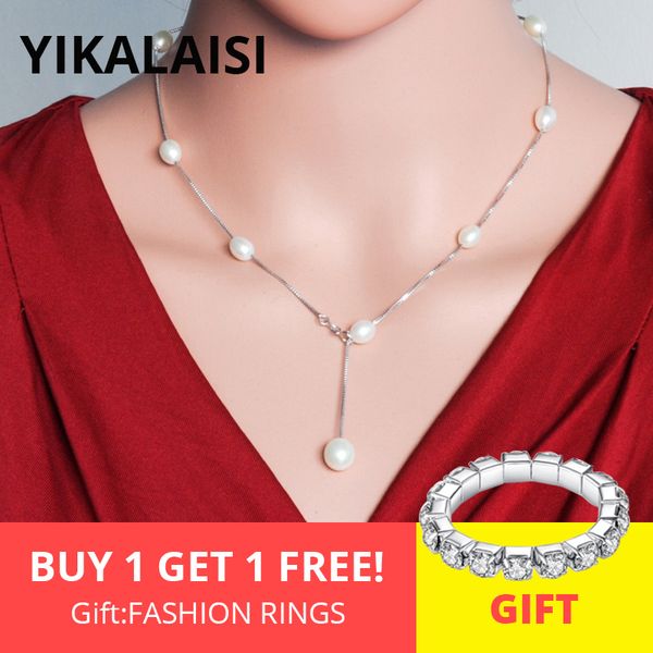 

yikalaisi 925 sterling silver chain natural freshwater pearl necklace pandants fashion chokers for women 7-8mm pearl 2 colour