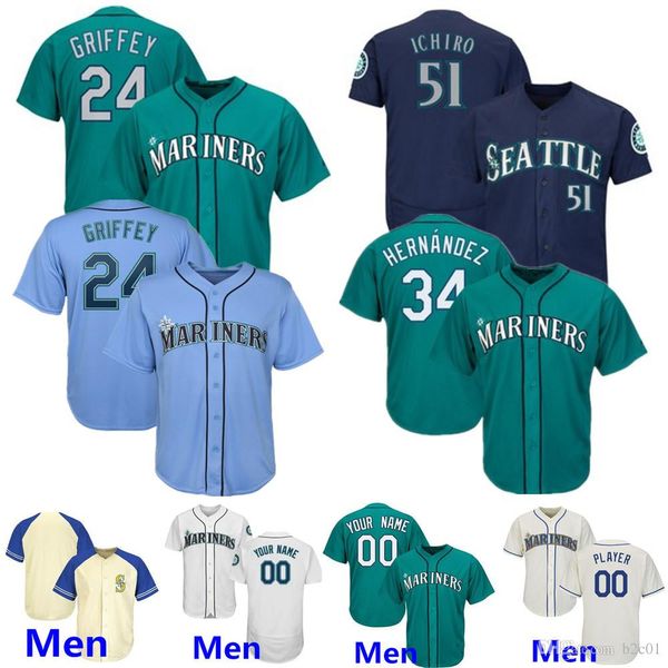 

Mariners Jersey Seattle #11 Edgar Martinez 24 Ken Griffey Jr. 51 Ichiro Randy Johnson Suzuki 33 Justus Sheffield Vintage Green light blue