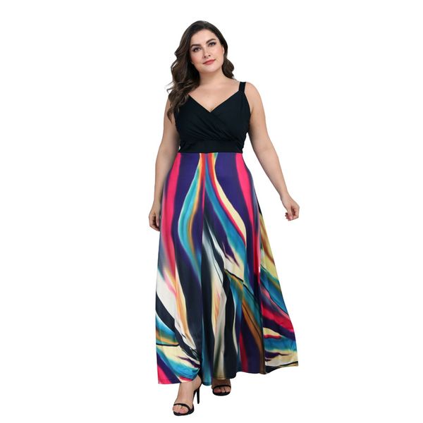 

2019new beach dress 4xl 3xl 2xl xl l women's plus size dressess summer women's clothes printed long dress v-neck, Black;gray