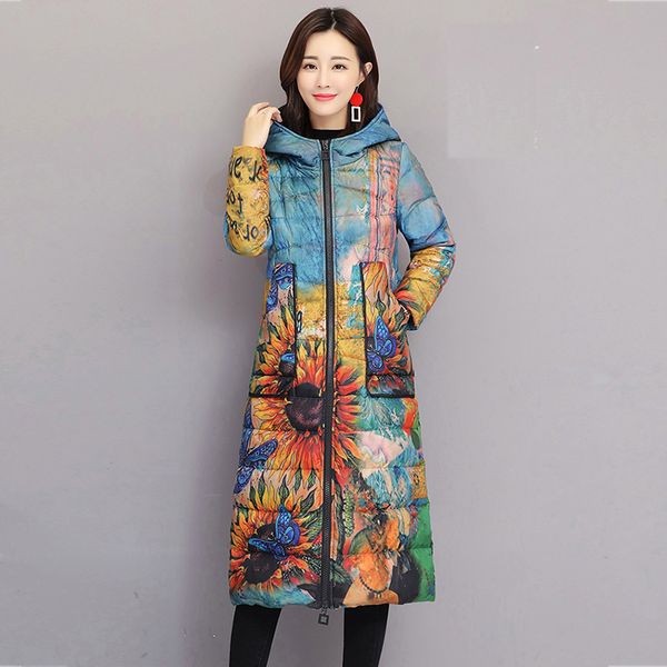 

lightweight winter jacket women fashion hooded slim plus size down jacket print long overcoat parka doudoune femme hiver 2019, Black