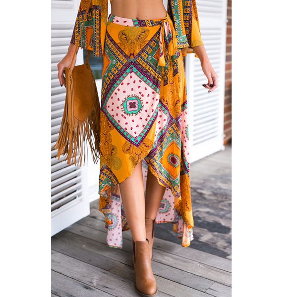 

womens boho high waist skirt summer casual beach maxi long skirt floral print irregular lace-up women g0528#20, Black
