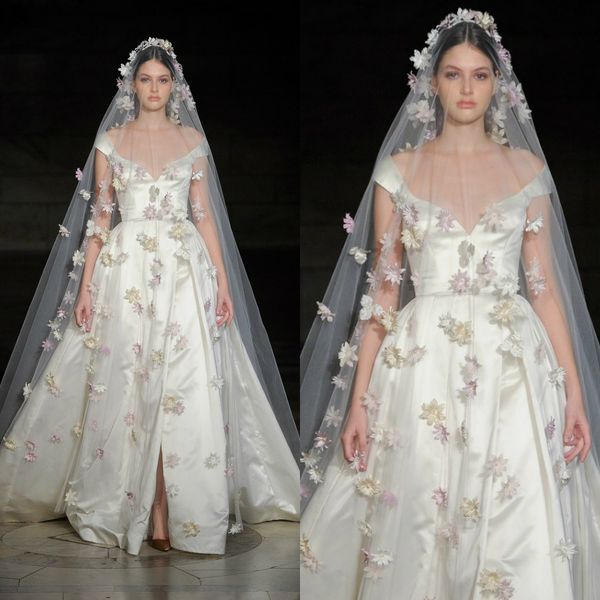 Reem Acra 2019 Brautkleider, schulterfrei, Satin, seitlicher Schlitz, Übergröße, Feen-Brautkleid, Caften, Strand, Boho-Chic, Robe de Mari￩e