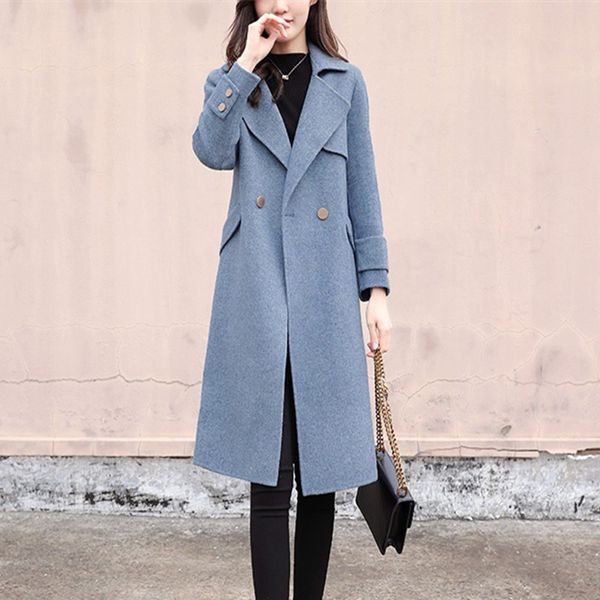 

new autumn winter women coats plus size fashion loose solid pockets slim woolen blends coat for women larger overcoat coats, Black