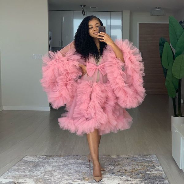 

pink luxury ruffles boudoir dress tulle long sleeve women kimono pregnant party sleepwear women bathrobe sheer nightgown robe shawel, White;pink