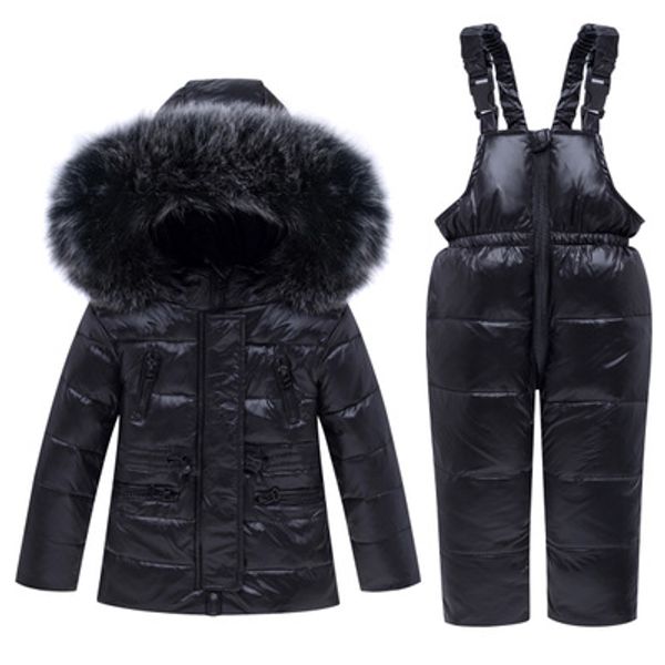 

childrens luxury down jacket sets boys and girls brand solid color sets fur collar thick zipper set down jacket bib pants 2020 winter, White