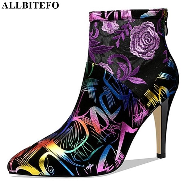 

allbitefo real genuine leather women boots autumn winter high heels ankle boots comfortable fashion bright colours, Black