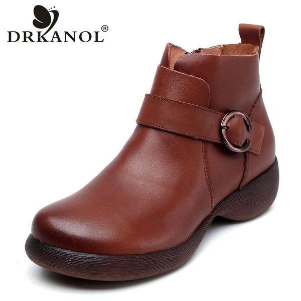 

drkanol brand women boots 2020 vintage style casual ankle boots female spring autumn genuine leather round toe flats heel shoes t200425, Black