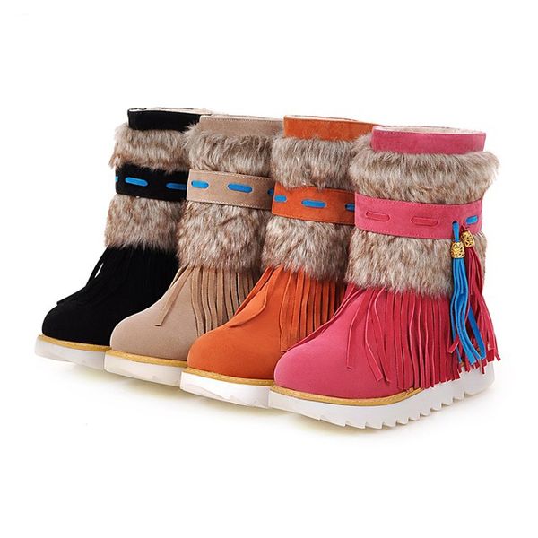 

new autumn and winter tassel short tube female boots matching color beaded female boots large size frosted snow, Black