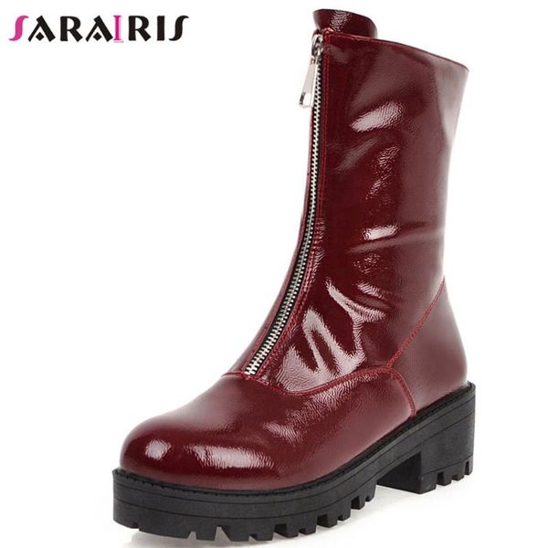 

sarairis new female brand design zipper boots med chunky heels platform boots women fashion patent pu shoes woman, Black