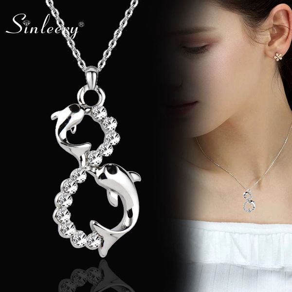 

sinleery lovely cute rhinestone dolphin pendant necklace for women silver color link chain dropshpping xl213 ssc