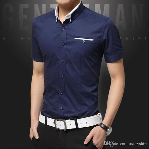 

lapel neck slim solid color mens shirts with pockets short sleeve mens casual shirts business teenager handsome, White;black