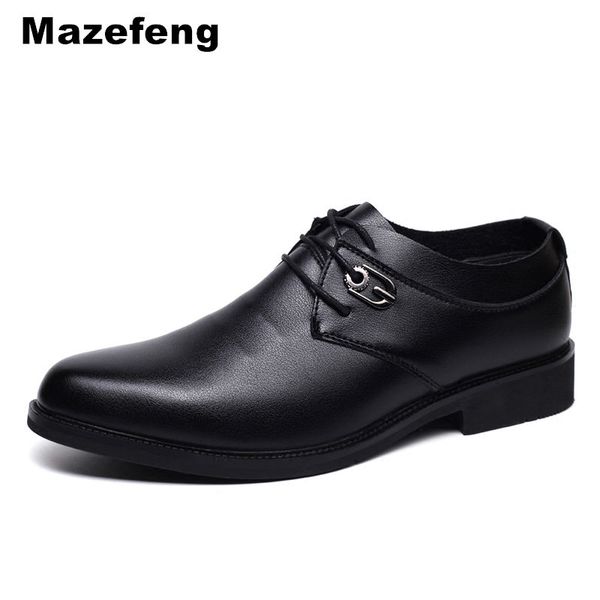 

mazefeng 2019 men leather formal shoes pointed toe lace-up business men dress shoes male leather breathable, Black