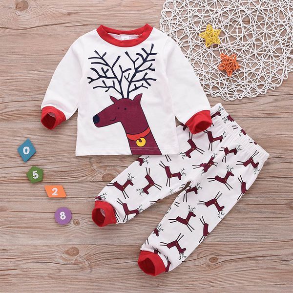 

new autumn baby girls boys clothes 0-4t lovely long sleeve christmas elk print t-shirt +pants suits costume set, White