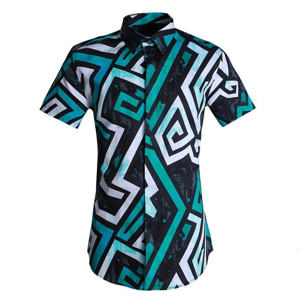 

green men shirt luxury labyrinth pattern short sleeve mens shirts fashion casual slim fit mens dress shirts plus size 4xl, White;black