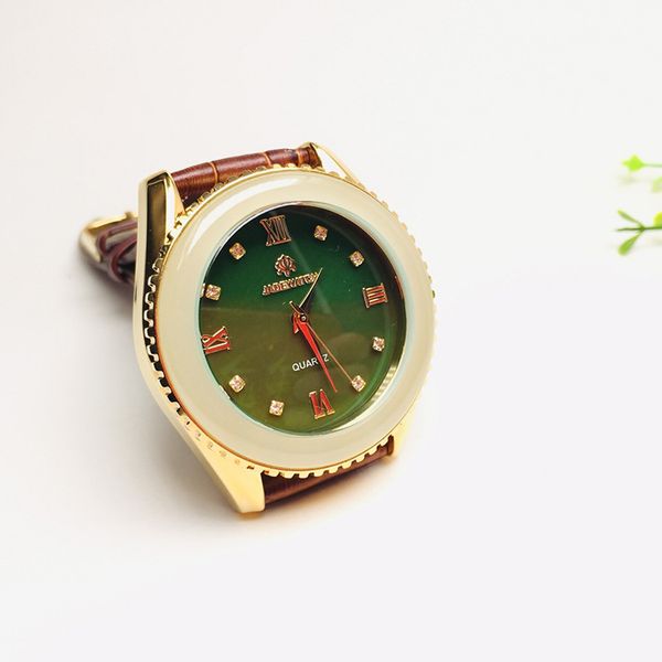 

man watch gold jade quartz watch jasper fashion leather, Slivery;brown