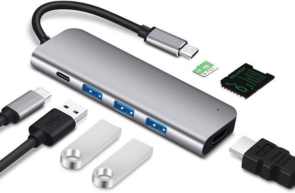 

USB-концентратор C 7-в-1 Тип C адаптер с 4K HDMI, 60W питания Доставка, 3 USB 3.0, SD / Micro Card Reader
