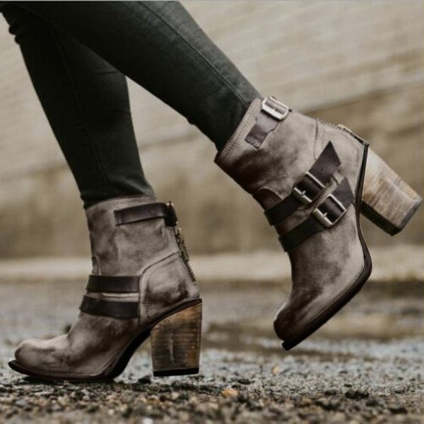 

vintage women pumps high heels cowboy style leather round toe comfortable thick heel non-slip shoe buckle ankle boots#3, Black