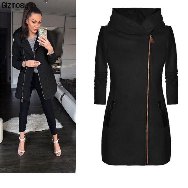 

autumn winter new women stylish side zipper jacket hoodie casual warm coat turtleneck female outwear plus size ca3225, Black;brown