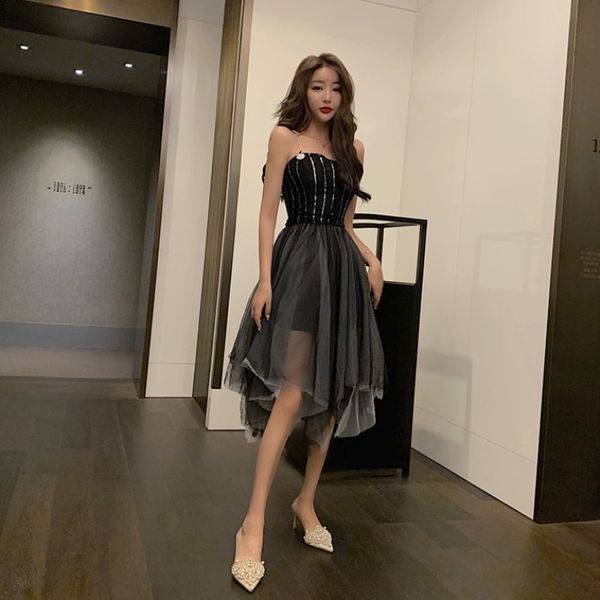 

2020 autumn new fashion strap tube high waist shiny mesh slim slimming irregular dress female fashion, White;black