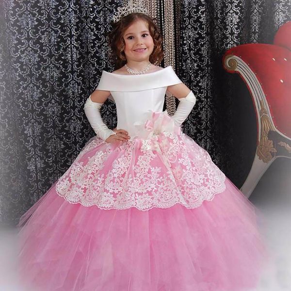 Prenses Küçük Kızlar Pageant Elbiseler Beyaz Ve Pembe El Yapımı Çiçek Dantel Kabarık Çocuk Doğum Günü Partisi Abiye Gelinlik Modelleri Custom Made