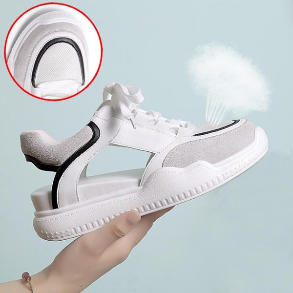 

swonco summer shoes women platform sneakers white shoes gneuine leather hallow 2020 summer new mesh sneakers casual female, Black